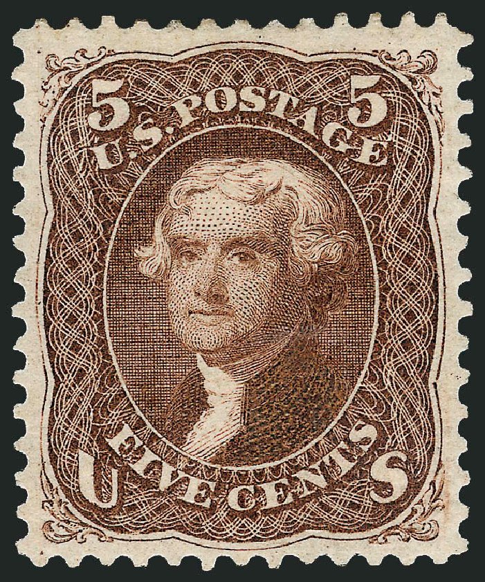 US Stamps Value Scott Catalogue # 105: 5c 1875 Jefferson Without Grill. Robert Siegel Auction Galleries, Dec 2008, Sale 967, Lot 4217