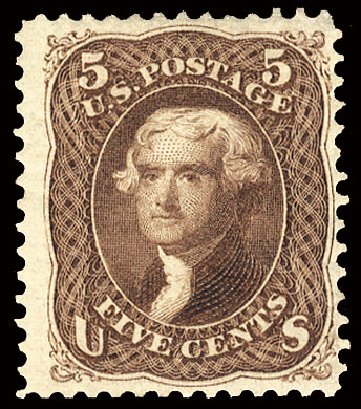 US Stamps Prices Scott Catalogue 105: 5c 1875 Jefferson Without Grill. Cherrystone Auctions, Nov 2008, Sale 200811, Lot 1048