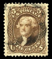 Price of US Stamp Scott 105 - 1875 5c Jefferson Without Grill. Cherrystone Auctions, Jul 2013, Sale 201307, Lot 28