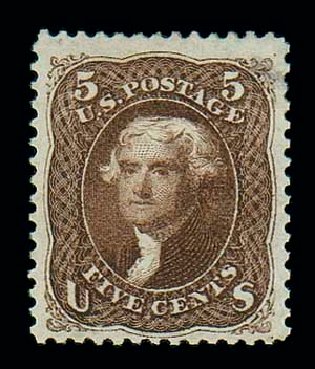 US Stamp Values Scott Catalog 105 - 1875 5c Jefferson Without Grill. Matthew Bennett International, Jun 2007, Sale 319, Lot 1139