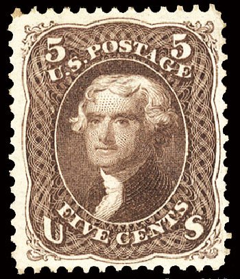 US Stamps Prices Scott Cat. 105 - 1875 5c Jefferson Without Grill. Cherrystone Auctions, Nov 2008, Sale 200811, Lot 1049