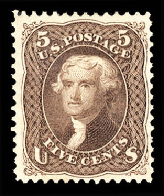 US Stamp Values Scott Catalog 105: 5c 1875 Jefferson Without Grill. Cherrystone Auctions, Apr 2012, Sale 201204, Lot 69
