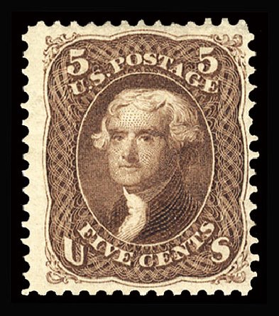 US Stamp Value Scott Catalog 105: 5c 1875 Jefferson Without Grill. Cherrystone Auctions, Mar 2013, Sale 201303, Lot 29