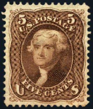 US Stamps Values Scott Cat. 105 - 1875 5c Jefferson Without Grill. Harmer-Schau Auction Galleries, Jan 2014, Sale 100, Lot 459