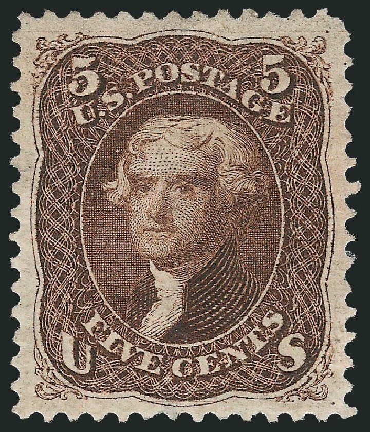 US Stamp Value Scott Catalogue #105: 1875 5c Jefferson Without Grill. Robert Siegel Auction Galleries, Jul 2013, Sale 1050, Lot 229