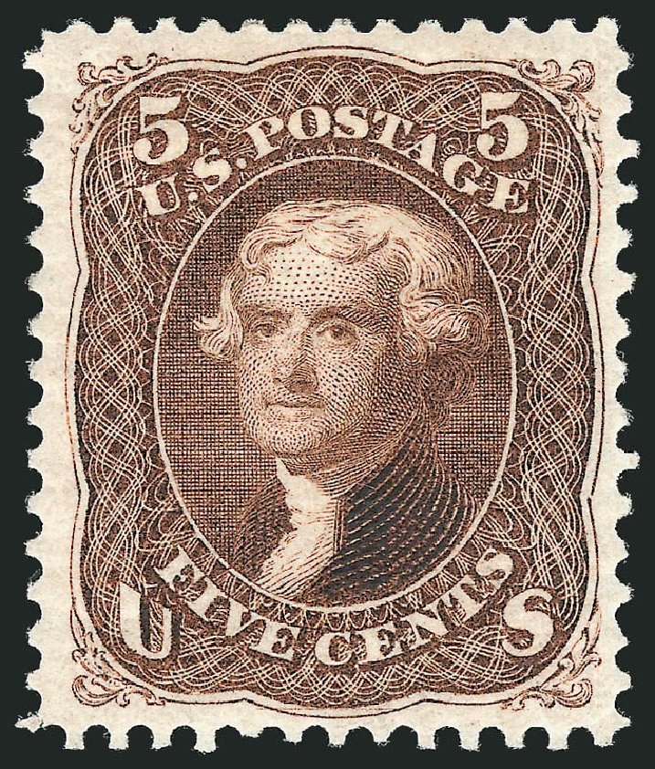 US Stamp Prices Scott Catalogue 105 - 5c 1875 Jefferson Without Grill. Robert Siegel Auction Galleries, Nov 2013, Sale 1057, Lot 670
