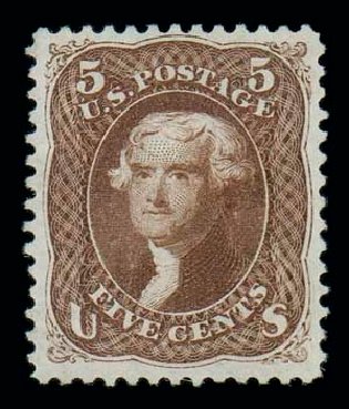 US Stamp Value Scott 105 - 1875 5c Jefferson Without Grill. Matthew Bennett International, Oct 2007, Sale 320, Lot 421