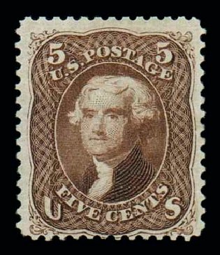 Price of US Stamp Scott Catalog 105 - 1875 5c Jefferson Without Grill. Matthew Bennett International, Dec 2007, Sale 325, Lot 1561