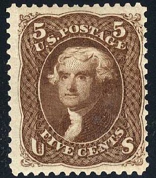 US Stamp Value Scott Cat. 105 - 1875 5c Jefferson Without Grill. Cherrystone Auctions, Jul 2008, Sale 200807, Lot 21
