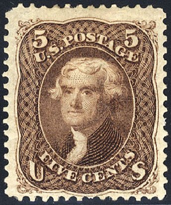US Stamp Values Scott 105: 5c 1875 Jefferson Without Grill. Cherrystone Auctions, Mar 2009, Sale 200903, Lot 91