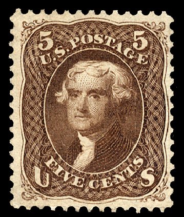 Value of US Stamps Scott #105: 5c 1875 Jefferson Without Grill. Cherrystone Auctions, Jun 2011, Sale 201106, Lot 31