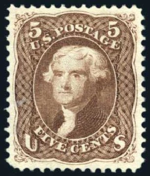 Value of US Stamps Scott Catalog # 105: 5c 1875 Jefferson Without Grill. Harmer-Schau Auction Galleries, Aug 2011, Sale 90, Lot 1261