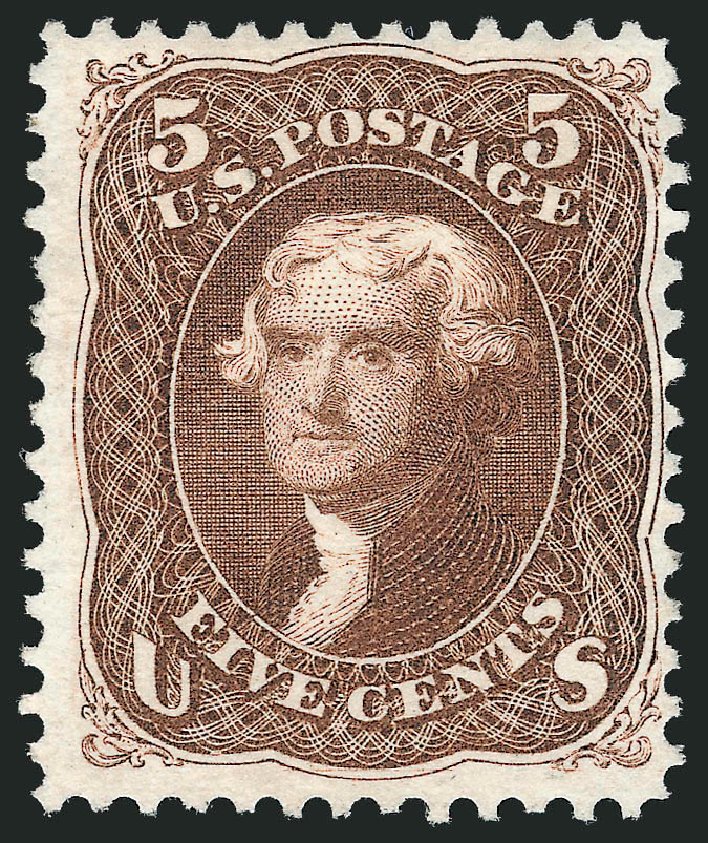 Cost of US Stamps Scott Catalogue #105 - 5c 1875 Jefferson Without Grill. Robert Siegel Auction Galleries, Mar 2012, Sale 1021, Lot 281