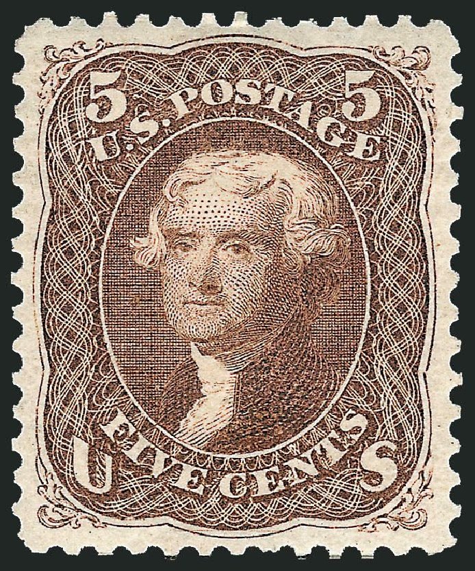 Prices of US Stamp Scott Cat. #105: 1875 5c Jefferson Without Grill. Robert Siegel Auction Galleries, May 2013, Sale 1044, Lot 91