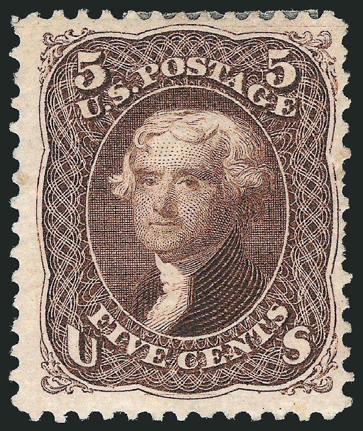 US Stamp Value Scott # 105: 1875 5c Jefferson Without Grill. Robert Siegel Auction Galleries, Oct 2010, Sale 997, Lot 5421