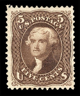 US Stamp Prices Scott #105: 5c 1875 Jefferson Without Grill. Cherrystone Auctions, Jan 2010, Sale 201001, Lot 84