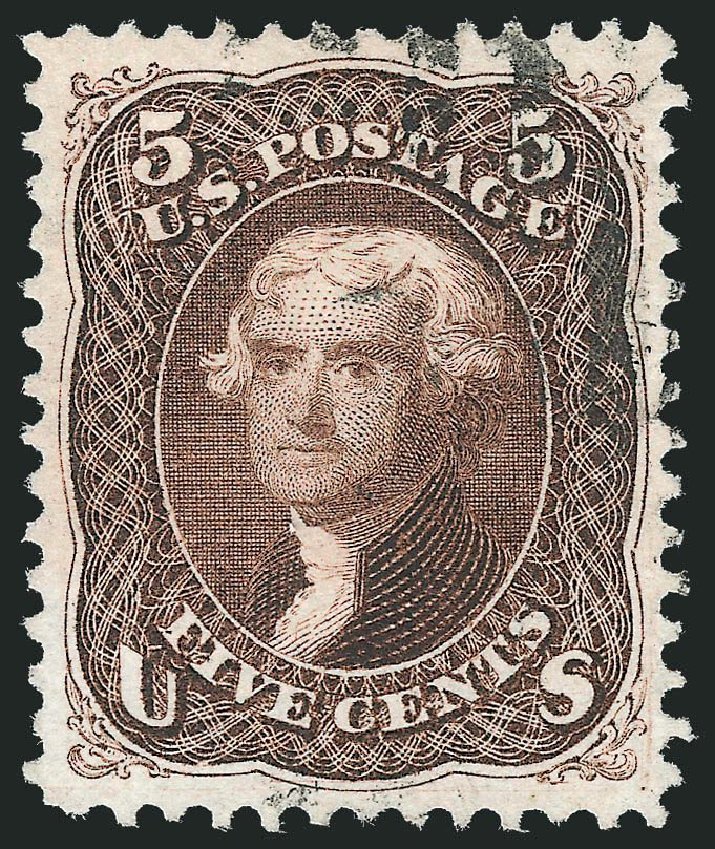 US Stamp Prices Scott Catalogue #105: 1875 5c Jefferson Without Grill. Robert Siegel Auction Galleries, Nov 2013, Sale 1061, Lot 3524
