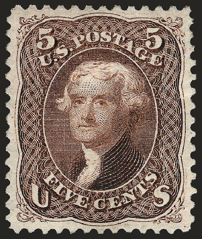 US Stamps Values Scott #105: 5c 1875 Jefferson Without Grill. Robert Siegel Auction Galleries, Oct 2008, Sale 963, Lot 614