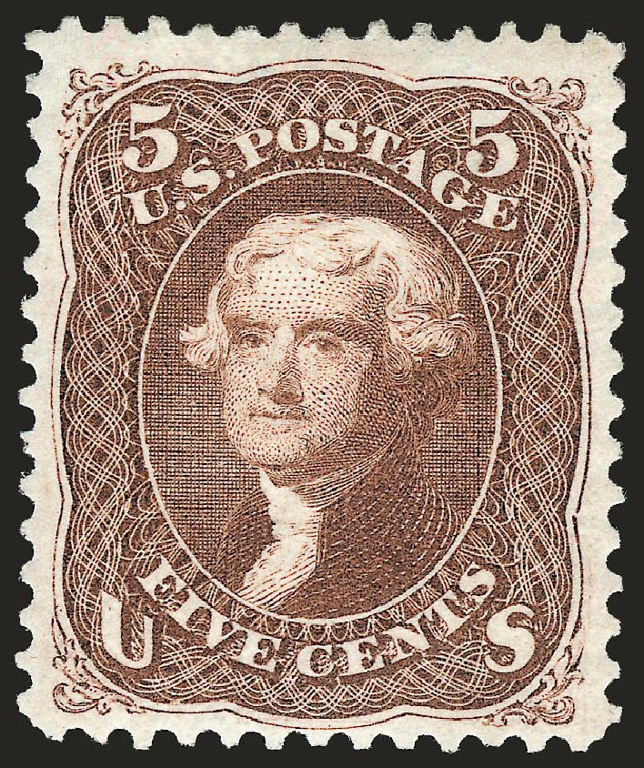 US Stamps Value Scott 105: 5c 1875 Jefferson Without Grill. Robert Siegel Auction Galleries, Jan 2009, Sale 968, Lot 134