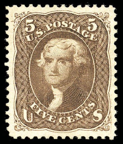 Prices of US Stamps Scott Catalog 105 - 5c 1875 Jefferson Without Grill. Matthew Bennett International, Sep 2010, Sale 331, Lot 455
