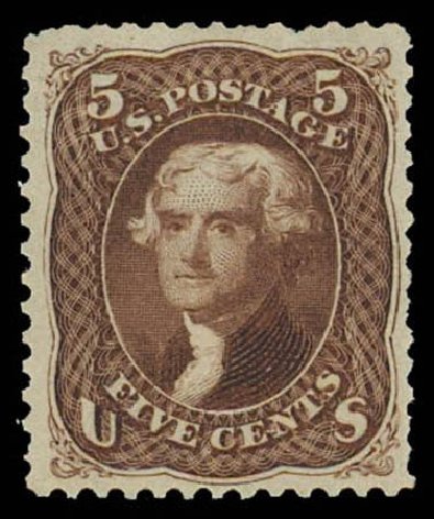 US Stamps Prices Scott Catalog #105: 1875 5c Jefferson Without Grill. Daniel Kelleher Auctions, Oct 2011, Sale 626, Lot 125