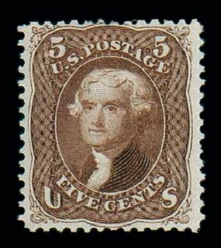Values of US Stamps Scott Catalog #105: 1875 5c Jefferson Without Grill. Matthew Bennett International, Dec 2007, Sale 325, Lot 1562