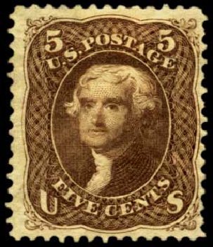 US Stamp Price Scott Catalogue 105 - 1875 5c Jefferson Without Grill. Harmer-Schau Auction Galleries, Feb 2012, Sale 92, Lot 912