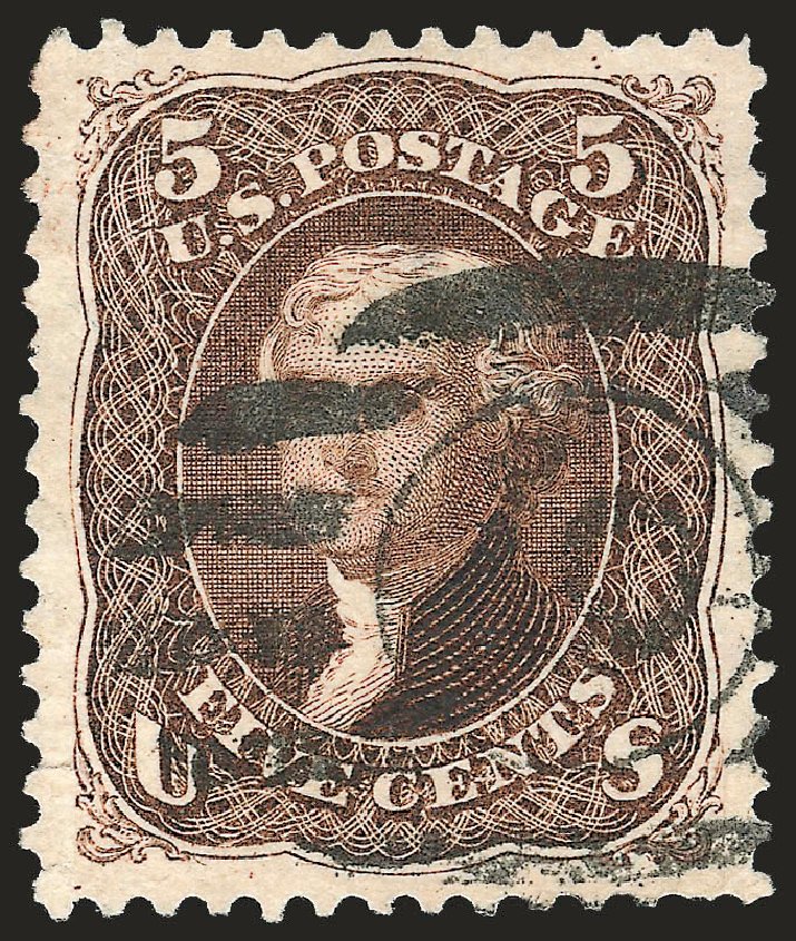 US Stamps Values Scott Catalog # 105 - 5c 1875 Jefferson Without Grill. Robert Siegel Auction Galleries, Jun 2010, Sale 992, Lot 2172