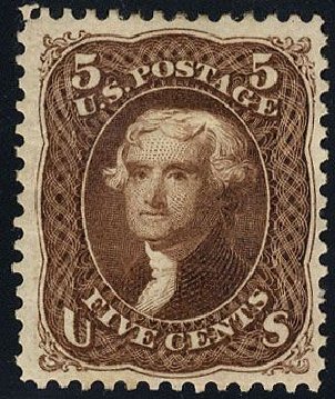 US Stamp Prices Scott 105 - 5c 1875 Jefferson Without Grill. Cherrystone Auctions, Jan 2008, Sale 200801, Lot 1103