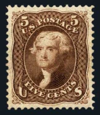 US Stamp Prices Scott Catalog 105: 1875 5c Jefferson Without Grill. Harmer-Schau Auction Galleries, Aug 2014, Sale 102, Lot 1743