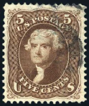 Costs of US Stamp Scott Catalogue # 105: 5c 1875 Jefferson Without Grill. Harmer-Schau Auction Galleries, Aug 2011, Sale 90, Lot 1263
