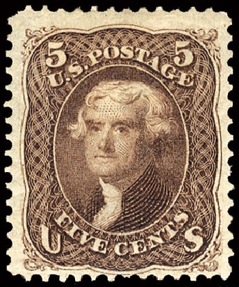 Value of US Stamp Scott Cat. #105 - 1875 5c Jefferson Without Grill. Cherrystone Auctions, Feb 2011, Sale 201102, Lot 36