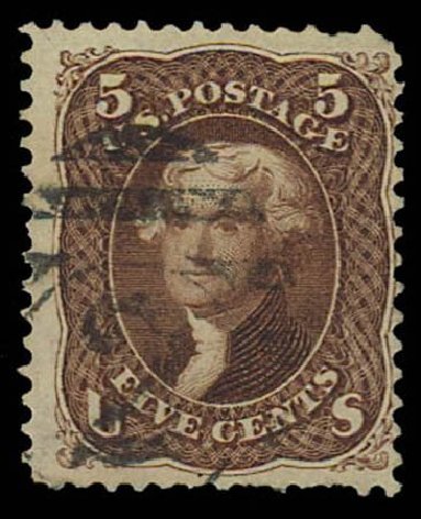 US Stamps Value Scott Cat. 105 - 1875 5c Jefferson Without Grill. Daniel Kelleher Auctions, Oct 2011, Sale 626, Lot 126
