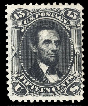 US Stamp Prices Scott 108 - 15c 1875 Lincoln Without Grill. Cherrystone Auctions, Jun 2009, Sale 200906, Lot 57