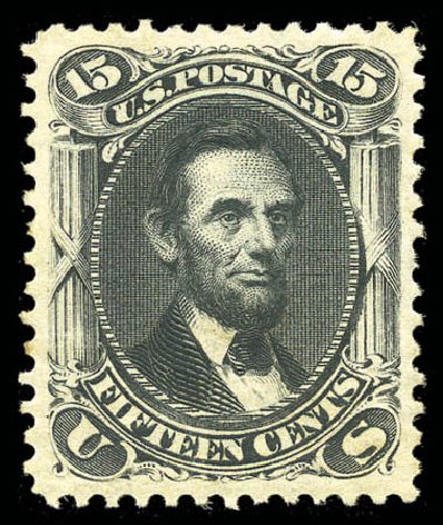 Values of US Stamps Scott Cat. 108: 1875 15c Lincoln Without Grill. Matthew Bennett International, Sep 2010, Sale 331, Lot 459