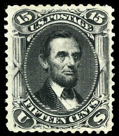 Value of US Stamp Scott Catalogue 108 - 1875 15c Lincoln Without Grill. Matthew Bennett International, Mar 2012, Sale 344, Lot 4309
