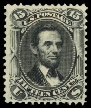 US Stamp Prices Scott 108 - 15c 1875 Lincoln Without Grill. Daniel Kelleher Auctions, Dec 2014, Sale 661, Lot 111
