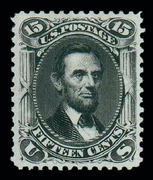 Value of US Stamp Scott Catalog # 108 - 1875 15c Lincoln Without Grill. Matthew Bennett International, Oct 2007, Sale 320, Lot 424