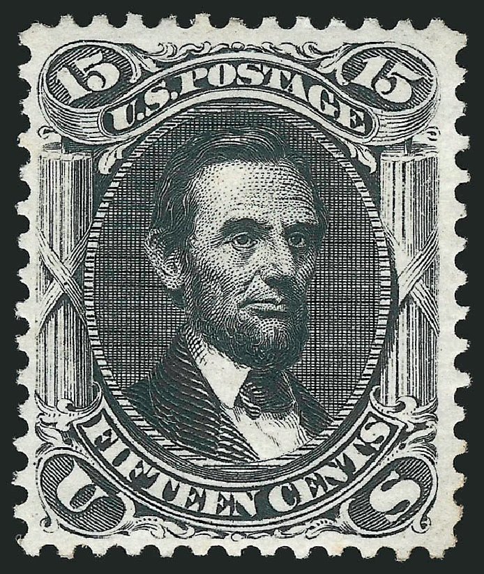 US Stamps Value Scott Catalog #108 - 1875 15c Lincoln Without Grill. Robert Siegel Auction Galleries, Sep 2014, Sale 1078, Lot 214