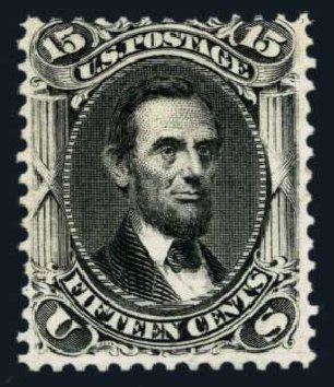US Stamps Values Scott Catalogue 108 - 1875 15c Lincoln Without Grill. Harmer-Schau Auction Galleries, Aug 2014, Sale 102, Lot 1745