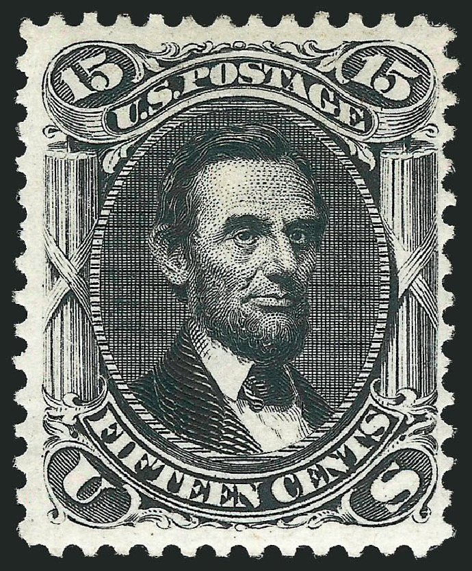 US Stamp Values Scott Catalogue 108 - 1875 15c Lincoln Without Grill. Robert Siegel Auction Galleries, Mar 2013, Sale 1040, Lot 1355