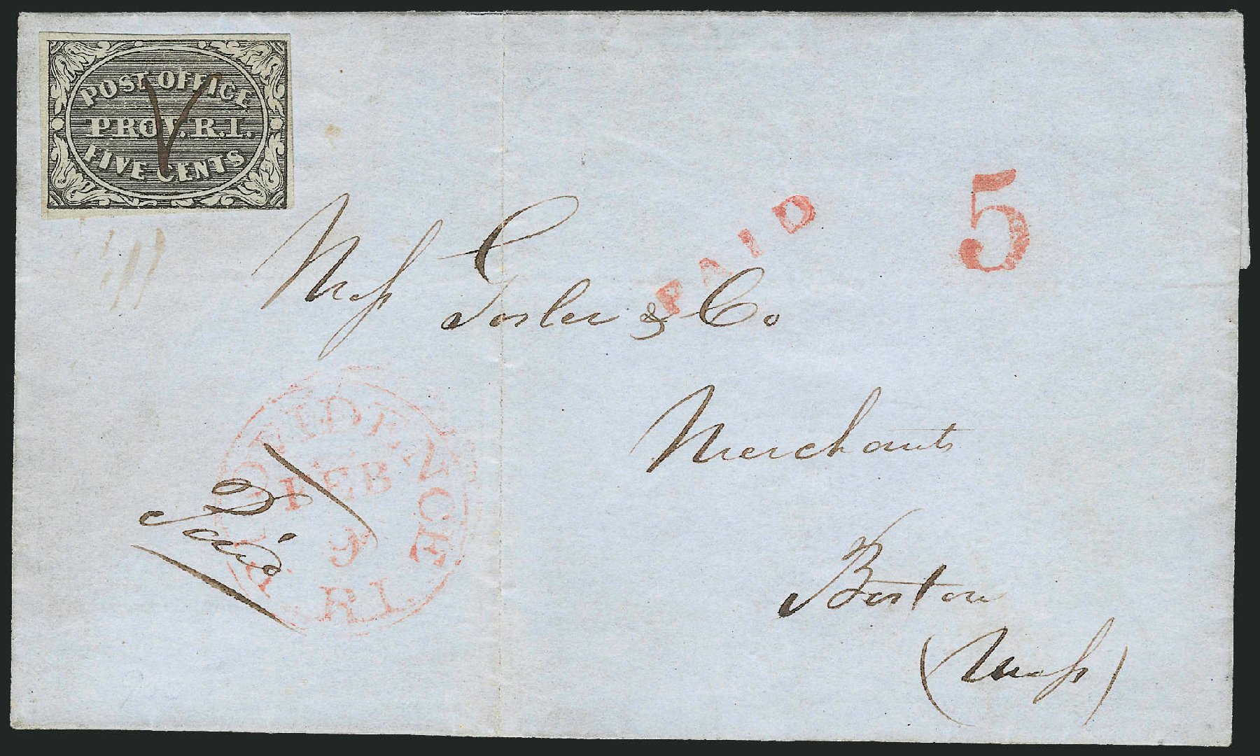 US Stamps Value Scott Cat. # 10X1: 5c 1846 Providence Postmasters Provisional. Robert Siegel Auction Galleries, Dec 2013, Sale 1062, Lot 17