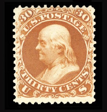 Value of US Stamp Scott Catalog # 110: 1875 30c Franklin Without Grill. Cherrystone Auctions, Jun 2012, Sale 201206, Lot 57