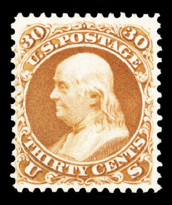 Values of US Stamps Scott Catalogue #110: 30c 1875 Franklin Without Grill. Cherrystone Auctions, Oct 2012, Sale 201210, Lot 79