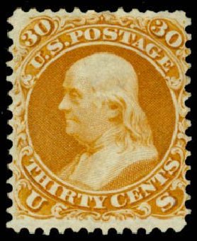 US Stamp Value Scott Cat. # 110: 30c 1875 Franklin Without Grill. Daniel Kelleher Auctions, Apr 2013, Sale 636, Lot 129