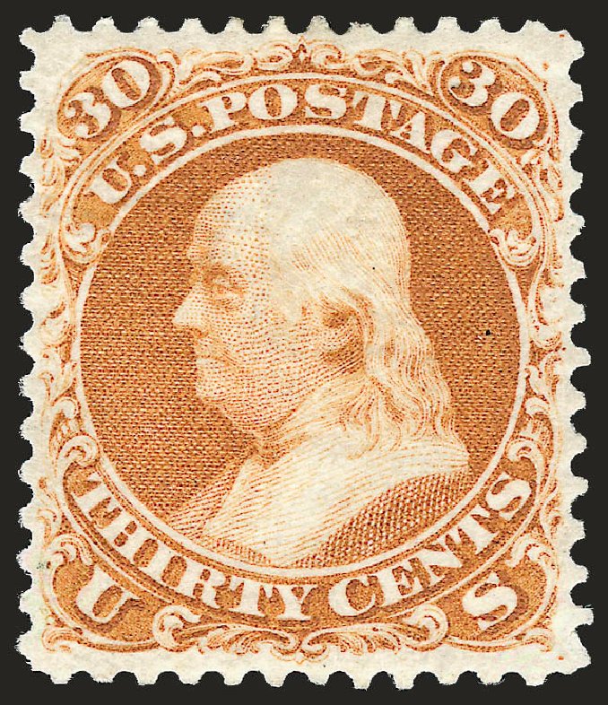 US Stamp Values Scott Catalogue 110 - 1875 30c Franklin Without Grill. Robert Siegel Auction Galleries, Jan 2009, Sale 968, Lot 139
