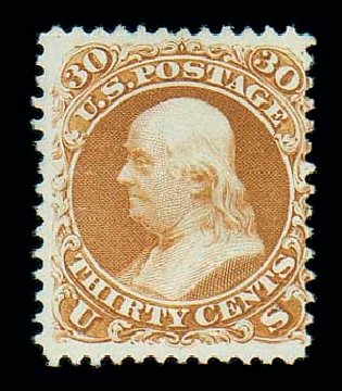 Value of US Stamp Scott Catalogue # 110: 30c 1875 Franklin Without Grill. Matthew Bennett International, Dec 2007, Sale 325, Lot 1570