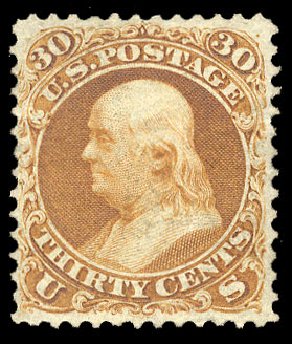 Values of US Stamps Scott Catalog #110: 1875 30c Franklin Without Grill. Cherrystone Auctions, Jan 2013, Sale 201301, Lot 10