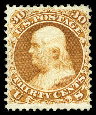 Cost of US Stamps Scott Catalogue 110 - 30c 1875 Franklin Without Grill. Matthew Bennett International, Feb 2012, Sale 340, Lot 211