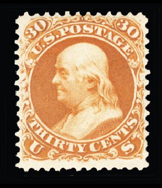 US Stamps Price Scott Catalog # 110 - 1875 30c Franklin Without Grill. Cherrystone Auctions, Jun 2014, Sale 201406, Lot 51